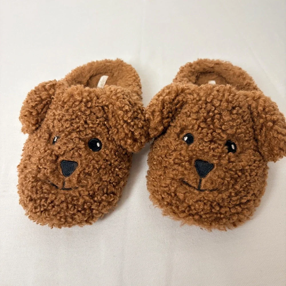 J.Crew Brown Sherpa Puppy Dog Slippers House Shoes K3  Small kids
